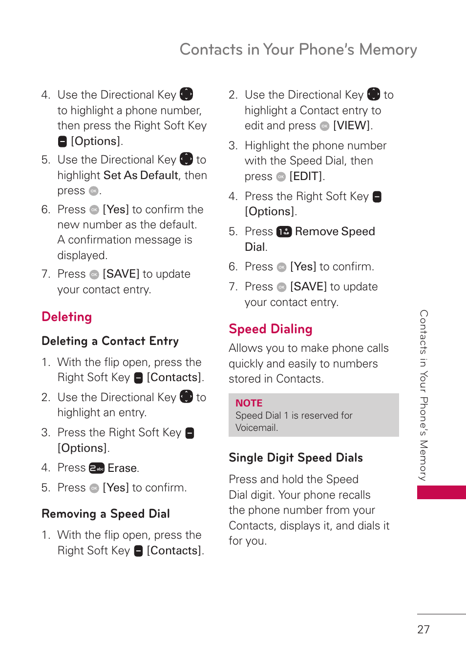 Deleting, Deleting a contact entry, Removing a speed dial | Speed dialing, Single digit speed dials | LG LGUN530 User Manual | Page 29 / 115