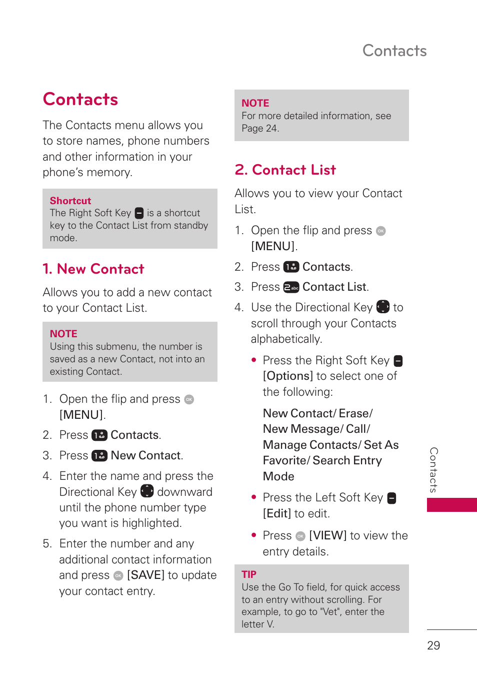 Contacts, New contact, Contact list | Contacts 29 | LG LGUN530 User Manual | Page 31 / 115