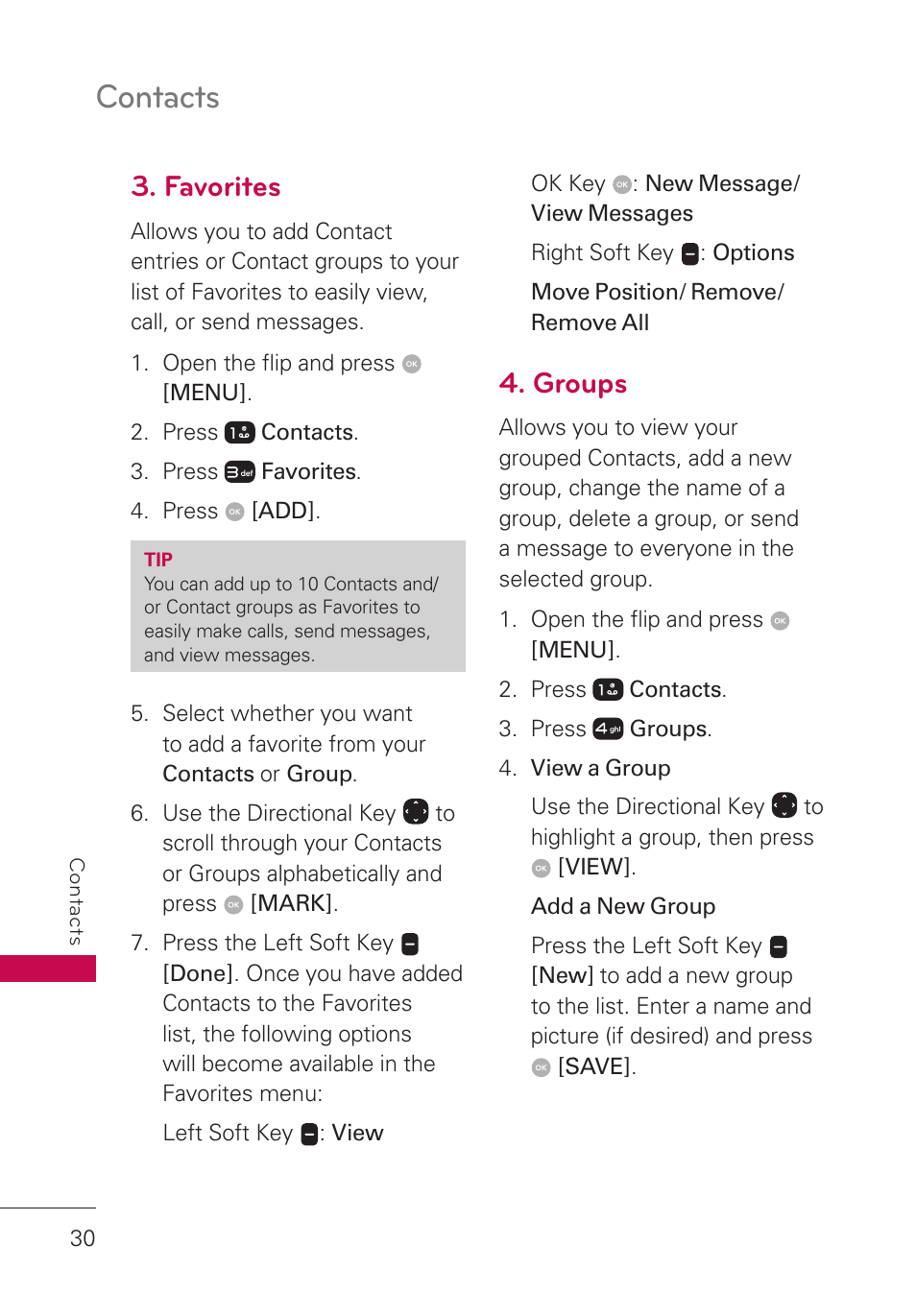 Favorites, Groups, Contacts | LG LGUN530 User Manual | Page 32 / 115