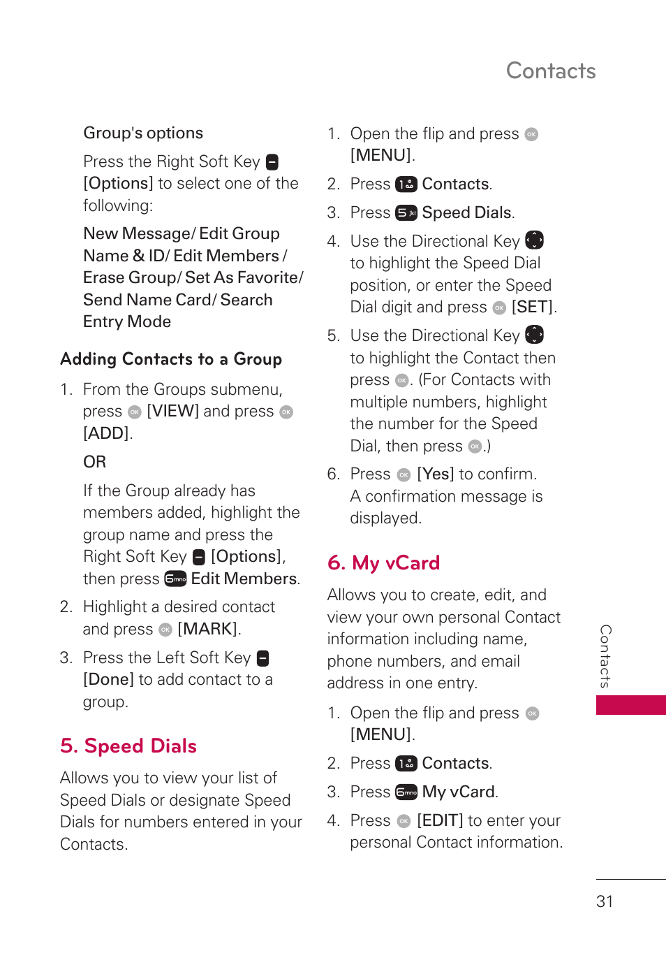 Adding contacts to a group, Speed dials, My vcard | Contacts | LG LGUN530 User Manual | Page 33 / 115