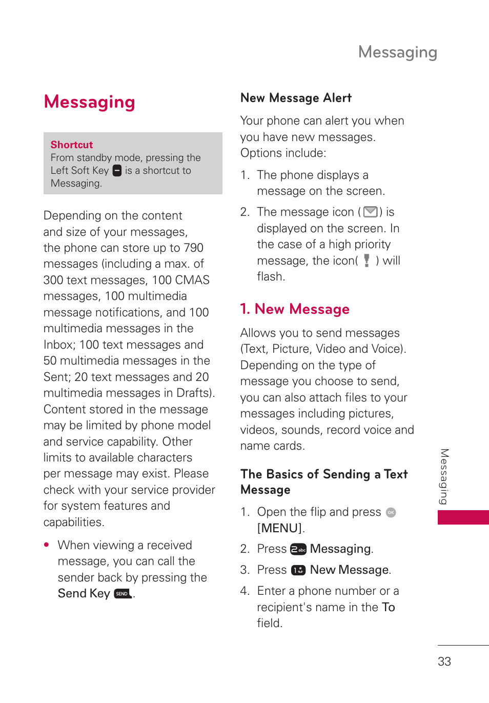 Messaging, New message alert, New message | The basics of sending a text message, Messaging 33, The basics of sending a text, Message | LG LGUN530 User Manual | Page 35 / 115