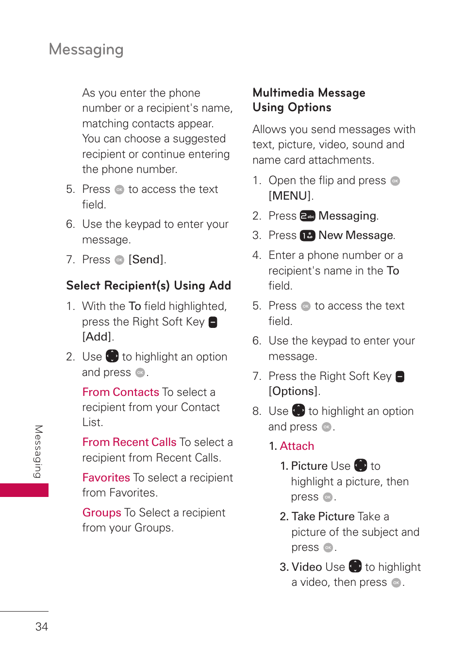 Select recipient(s) using add, Multimedia message using options, Multimedia message | Using options, Messaging | LG LGUN530 User Manual | Page 36 / 115