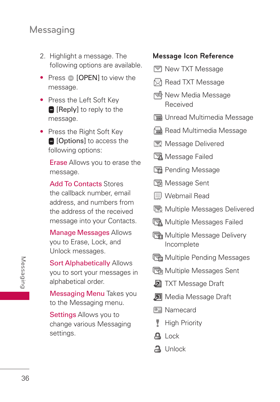 Message icon reference, Messaging | LG LGUN530 User Manual | Page 38 / 115