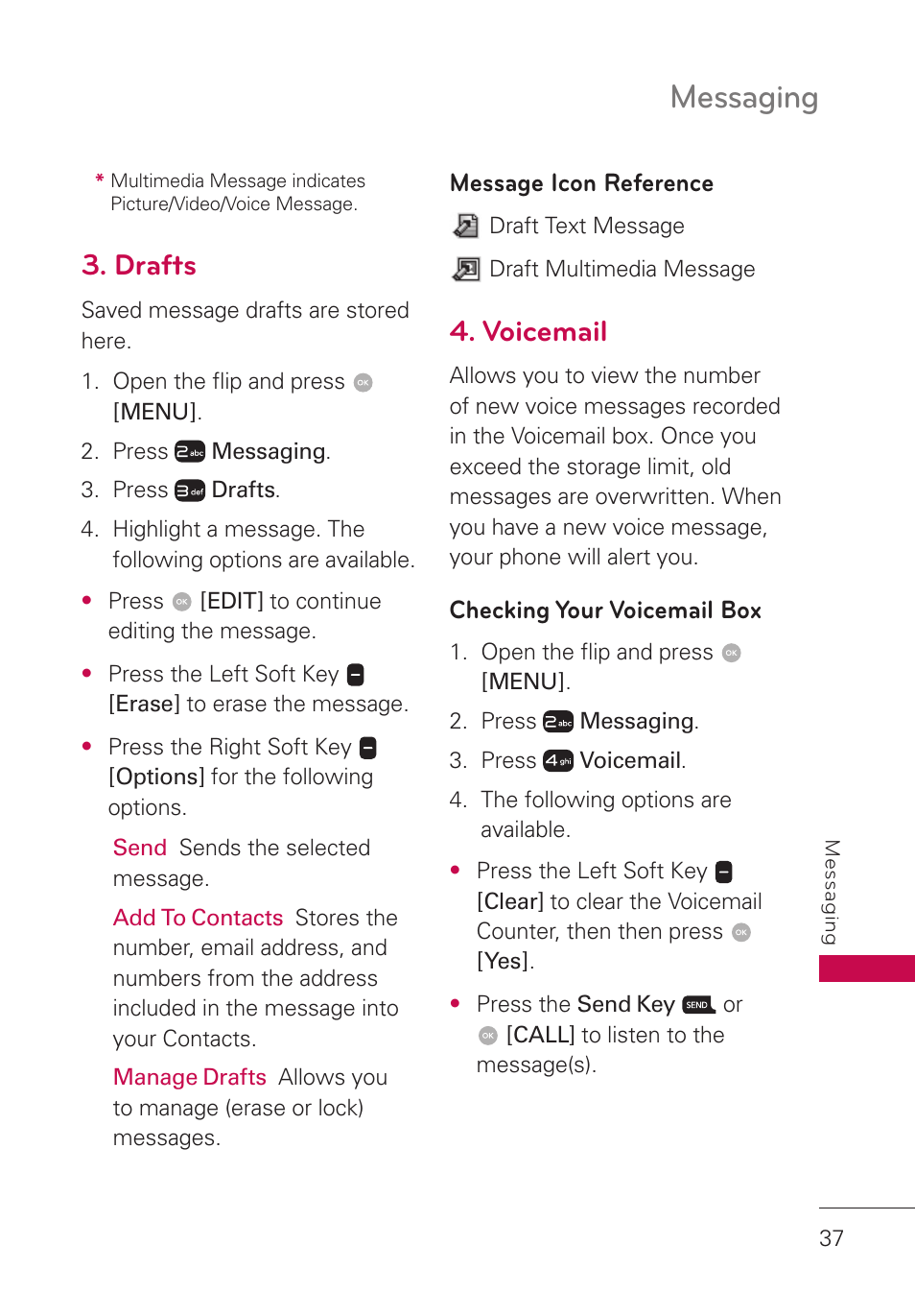 Drafts, Message icon reference, Voicemail | Messaging | LG LGUN530 User Manual | Page 39 / 115