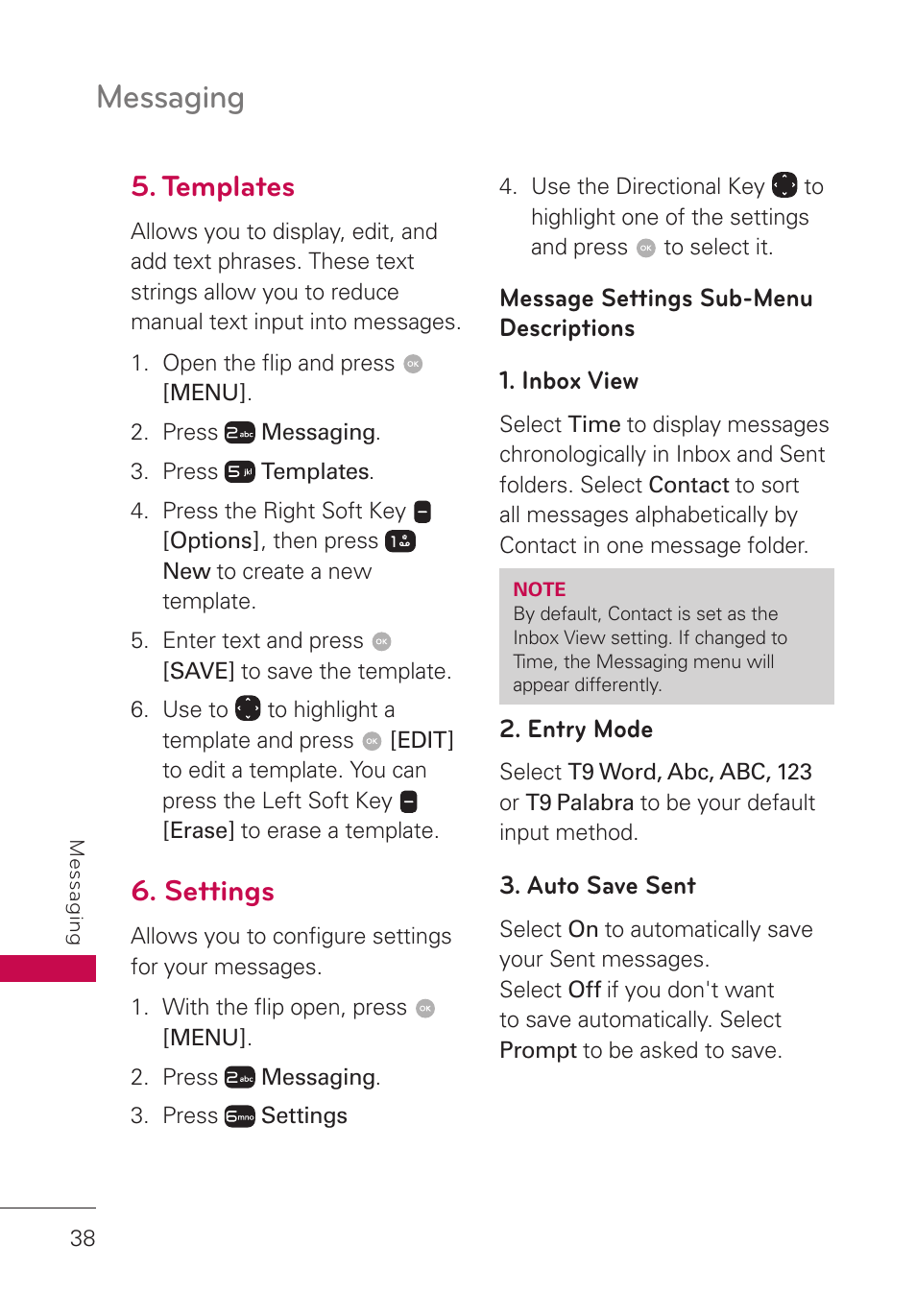 Templates, Settings, Message settings sub-menu descriptions | Message settings sub-menu, Descriptions, Messaging | LG LGUN530 User Manual | Page 40 / 115