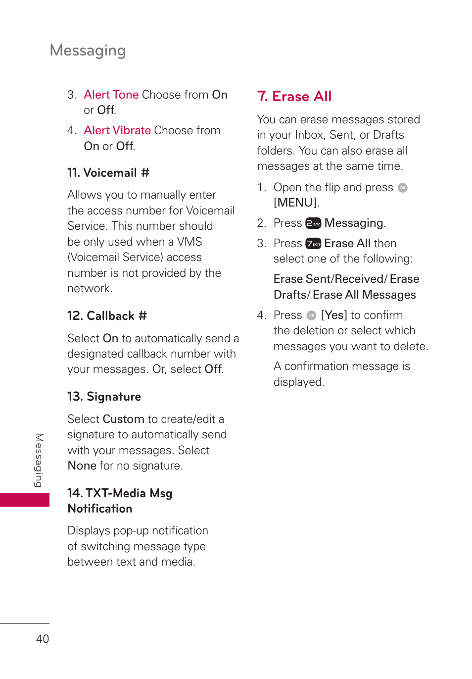 Erase all, Messaging | LG LGUN530 User Manual | Page 42 / 115