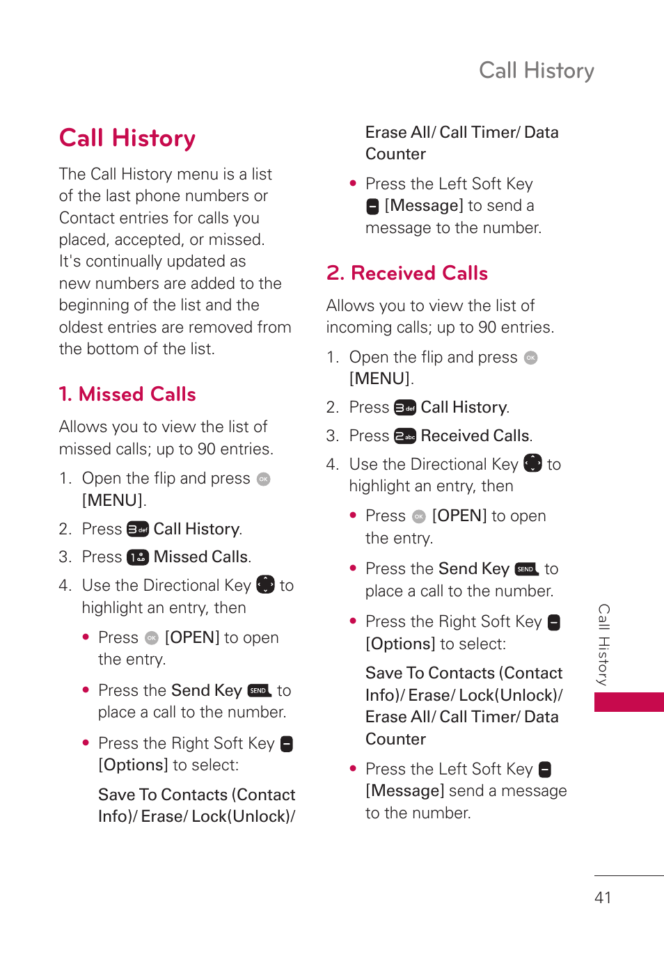 Call history, Missed calls, Received calls | LG LGUN530 User Manual | Page 43 / 115