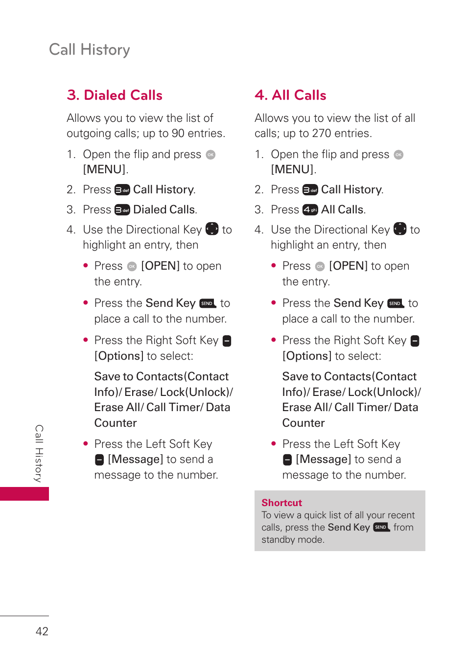 Dialed calls, All calls, Call history | LG LGUN530 User Manual | Page 44 / 115