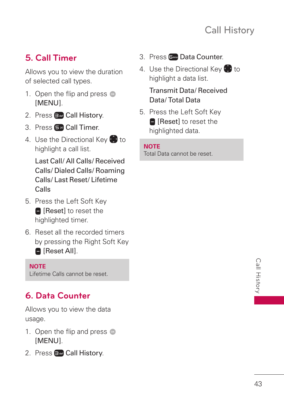 Call timer, Data counter, Call history | LG LGUN530 User Manual | Page 45 / 115