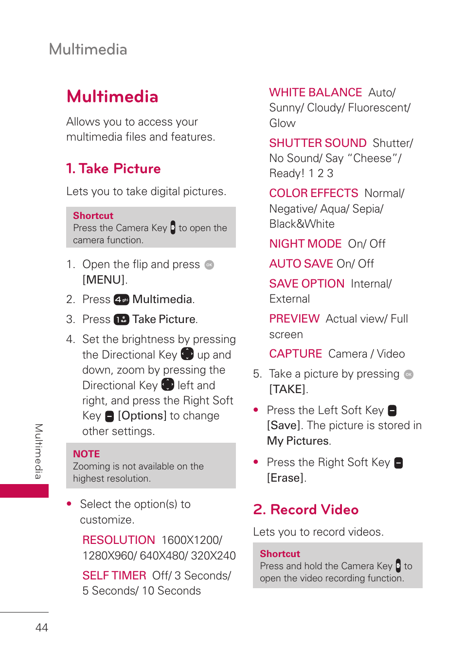 Multimedia, Take picture, Record video | Multimedia 44 | LG LGUN530 User Manual | Page 46 / 115