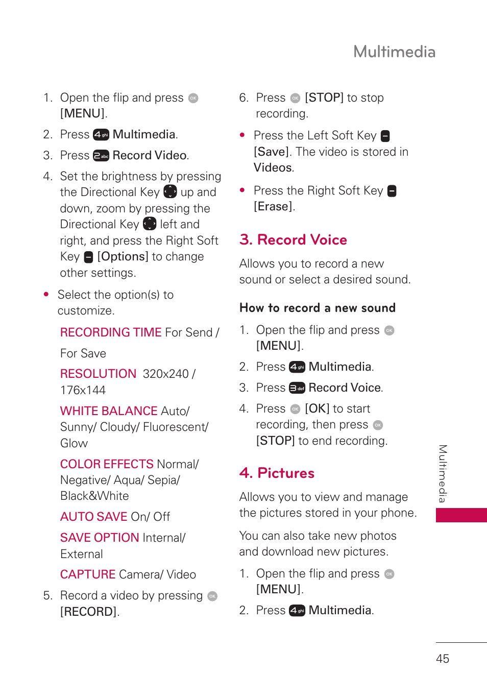 Record voice, How to record a new sound, Pictures | Multimedia | LG LGUN530 User Manual | Page 47 / 115