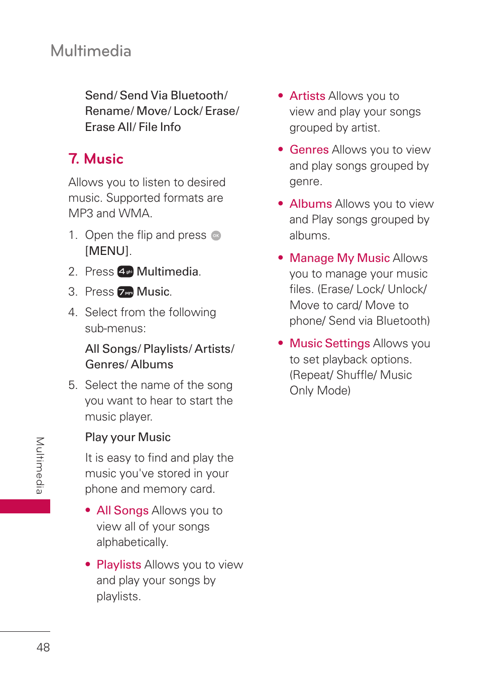 Music, Multimedia | LG LGUN530 User Manual | Page 50 / 115