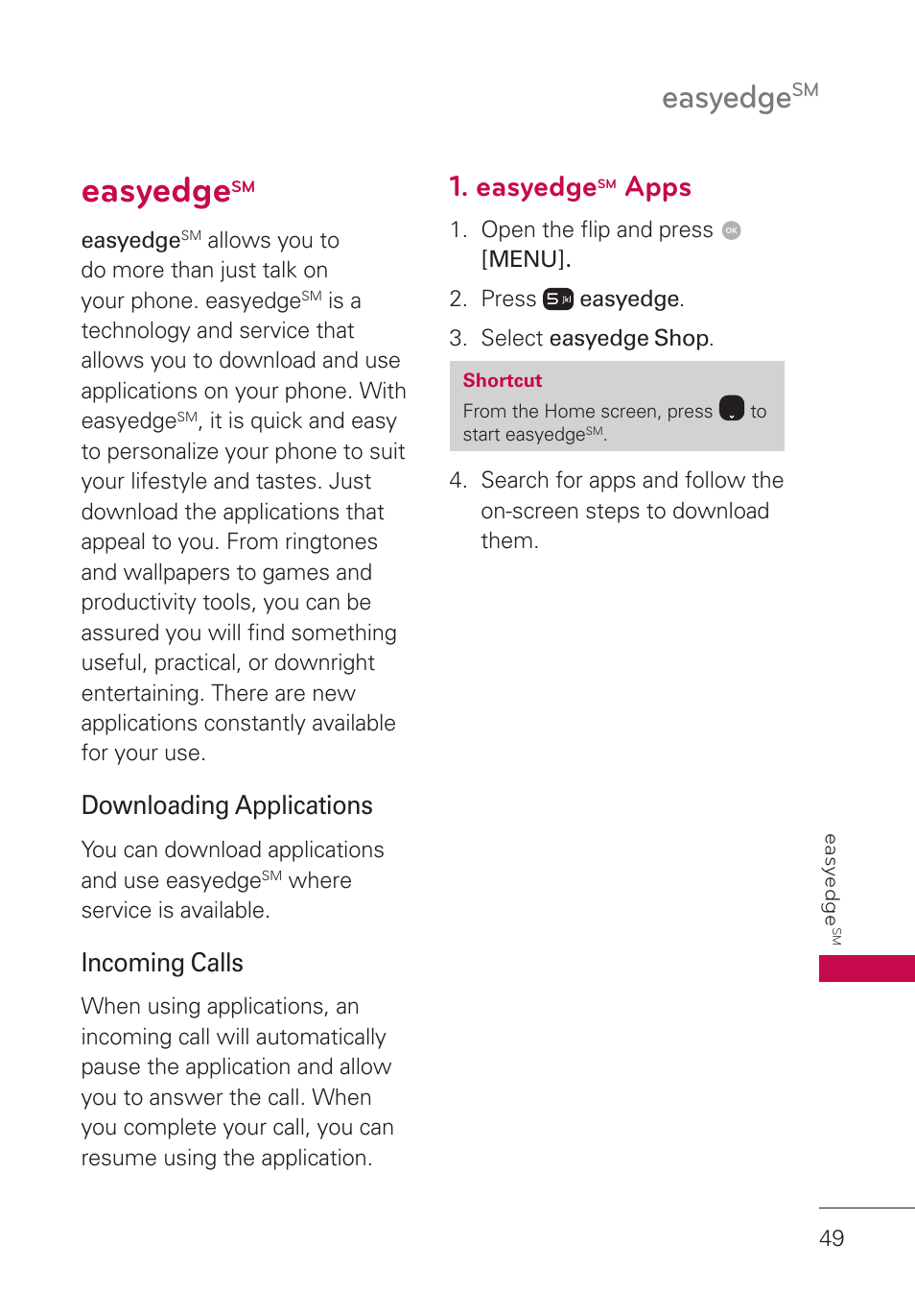 Easyedge, Easyedgesm apps, Apps | Downloading applications, Incoming calls | LG LGUN530 User Manual | Page 51 / 115