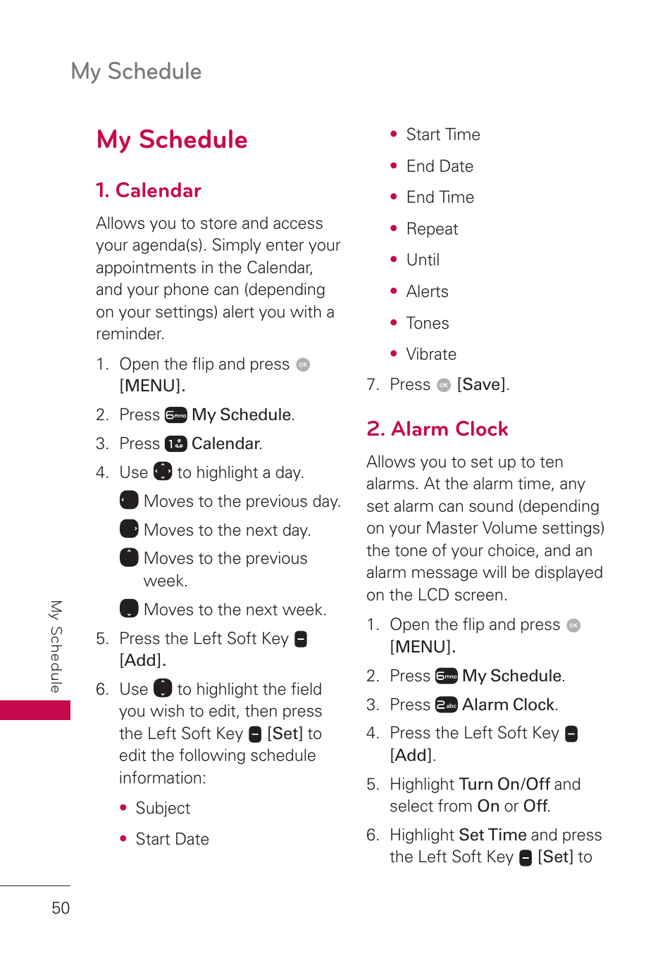 My schedule, Calendar, Alarm clock | LG LGUN530 User Manual | Page 52 / 115