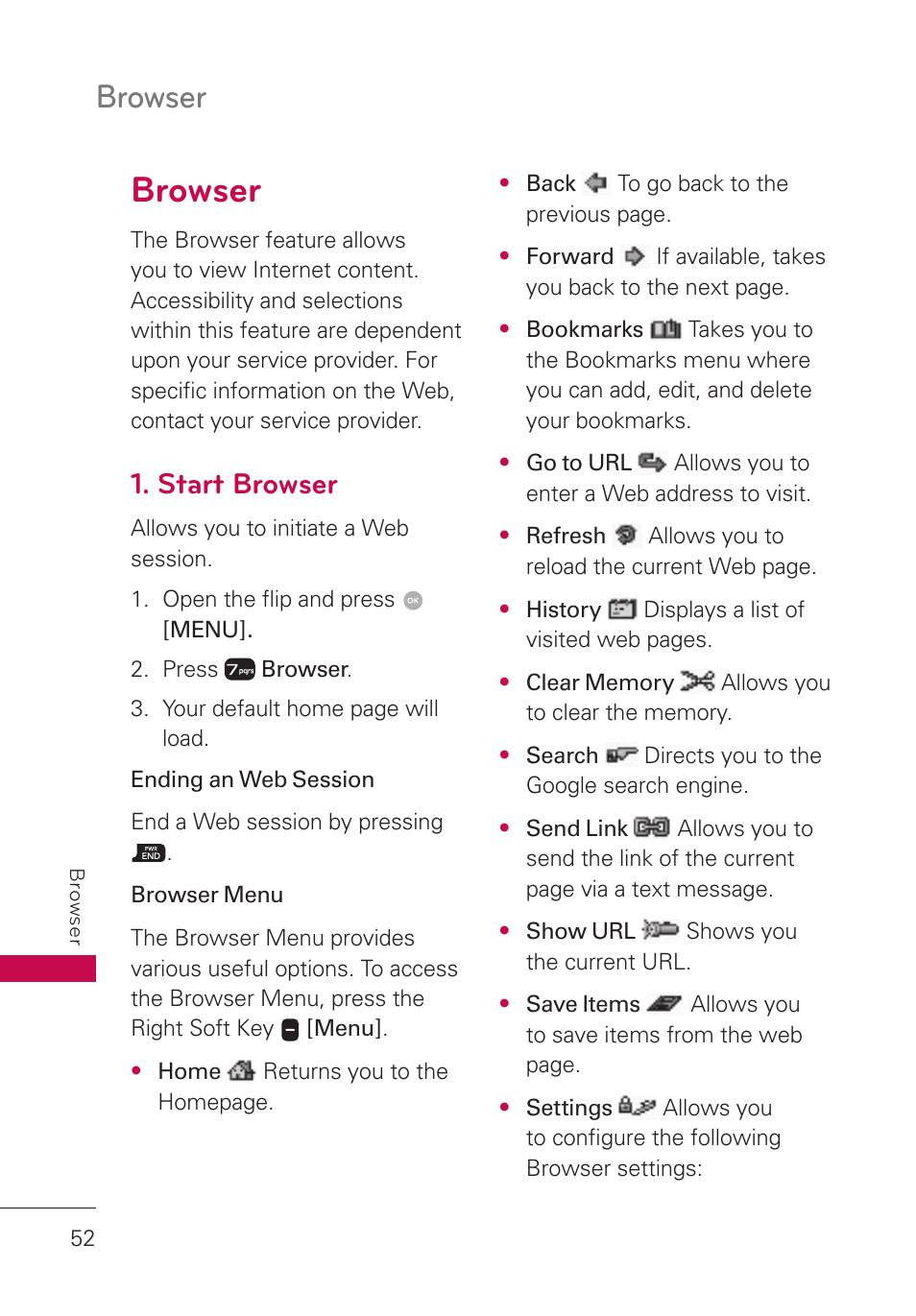 Browser, Start browser, Browser 52 | LG LGUN530 User Manual | Page 54 / 115