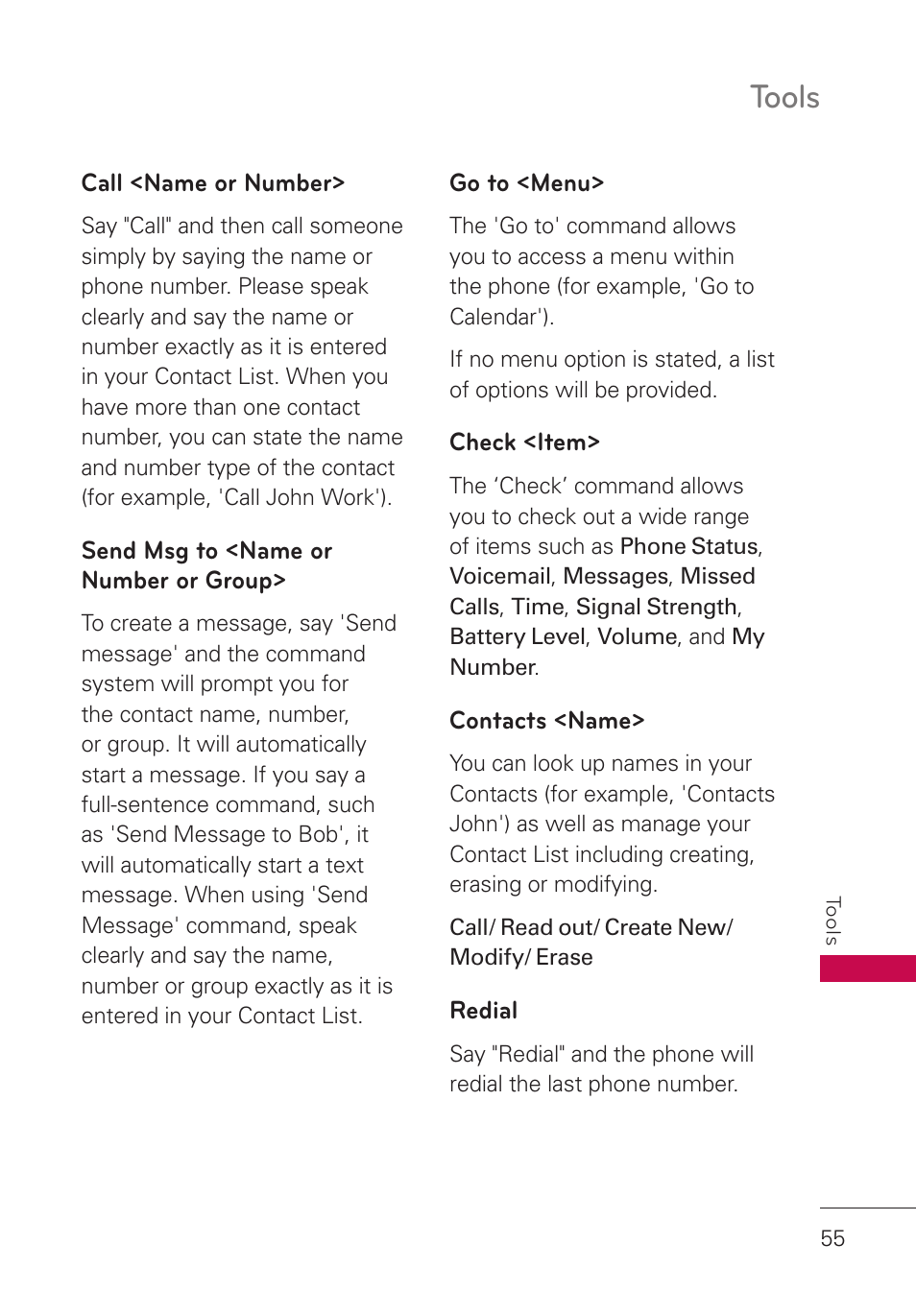 Call <name or number, Send msg to <name or number or group, Go to <menu | Check <item, Contacts <name, Redial, Send msg to <name or number or, Group, Tools | LG LGUN530 User Manual | Page 57 / 115