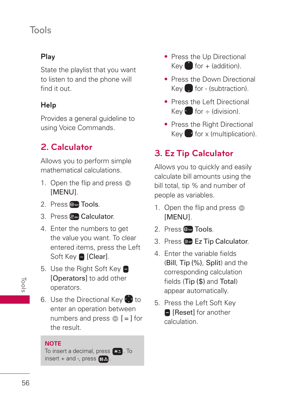 Play, Help, Calculator | Ez tip calculator, Tools | LG LGUN530 User Manual | Page 58 / 115