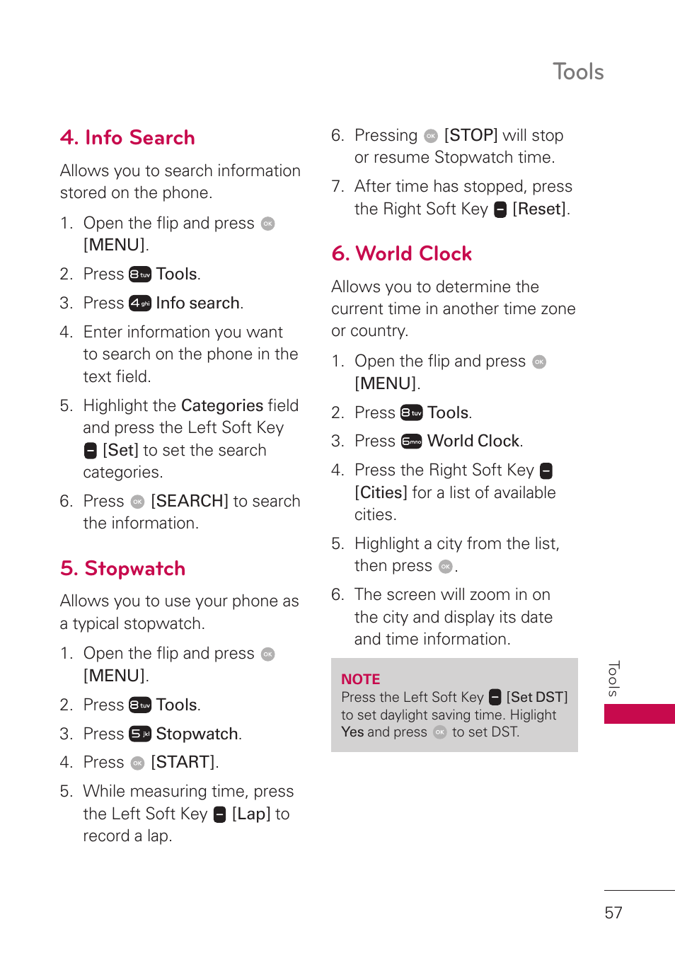 Info search, Stopwatch, World clock | Tools | LG LGUN530 User Manual | Page 59 / 115