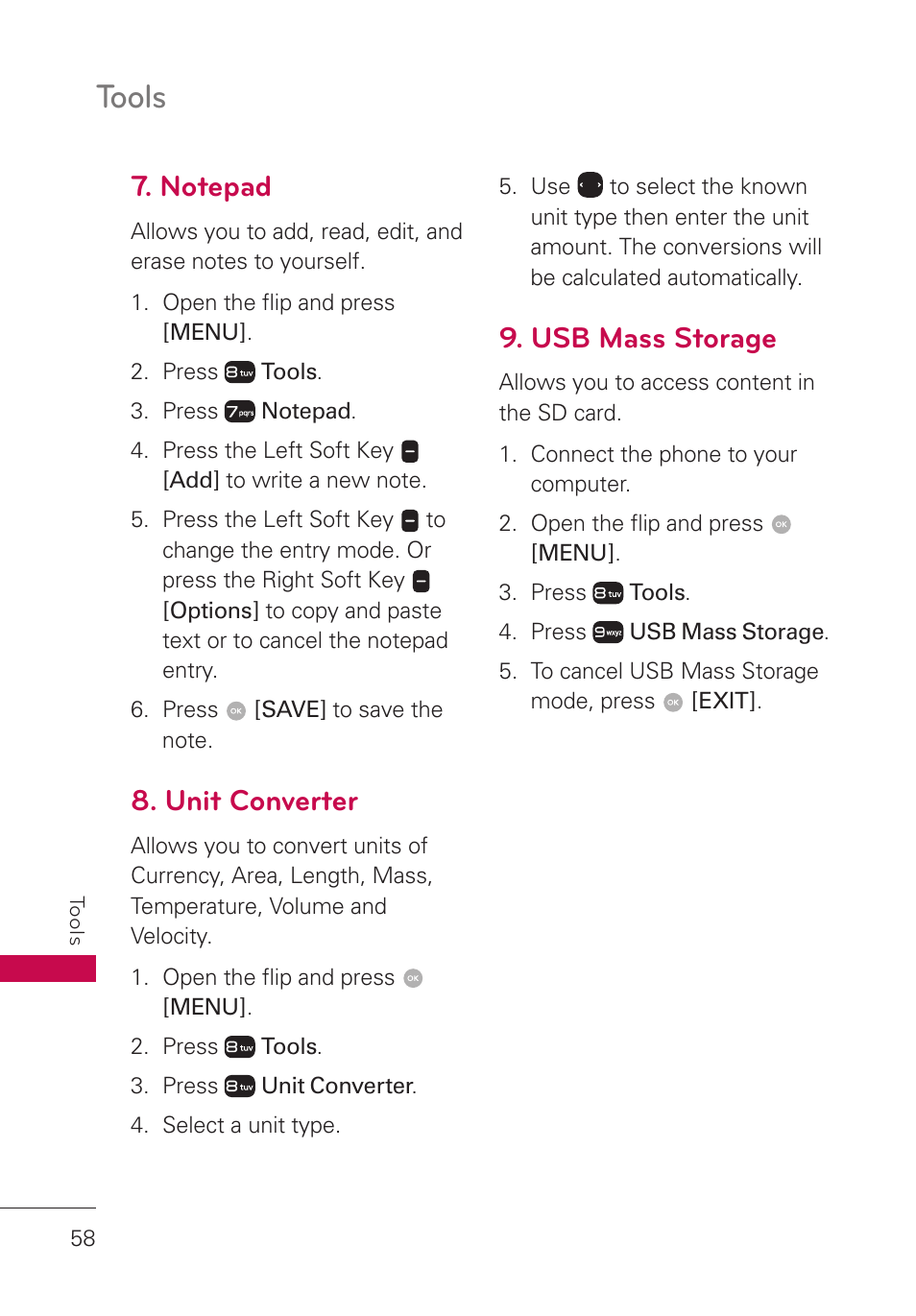 Notepad, Unit converter, Usb mass storage | Tools | LG LGUN530 User Manual | Page 60 / 115