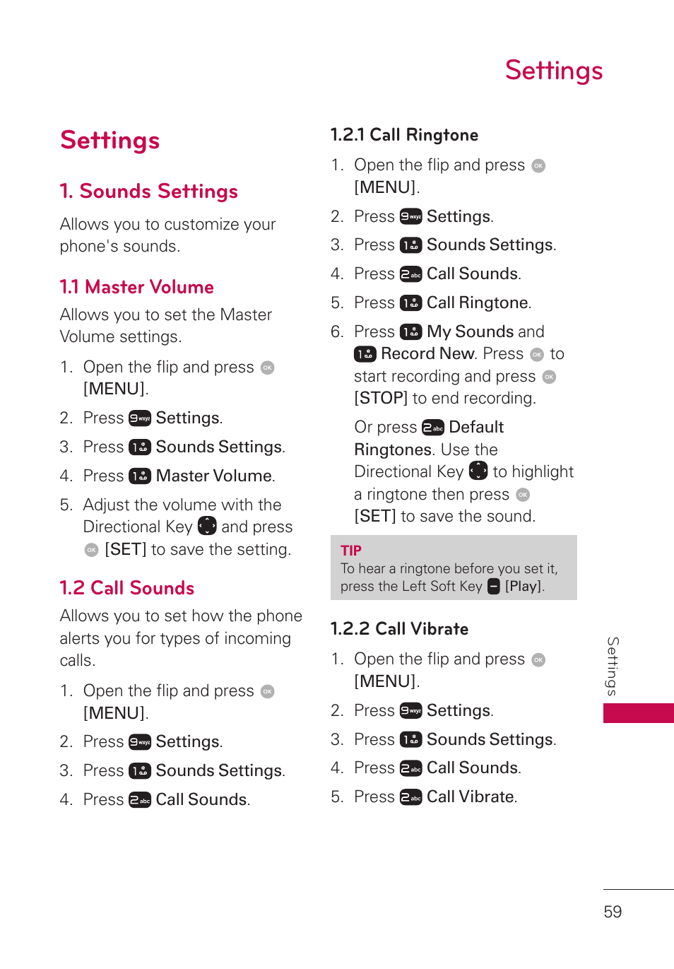 Settings, Sounds settings, 1 master volume | 2 call sounds, 1 call ringtone, 2 call vibrate, Settings 59 | LG LGUN530 User Manual | Page 61 / 115