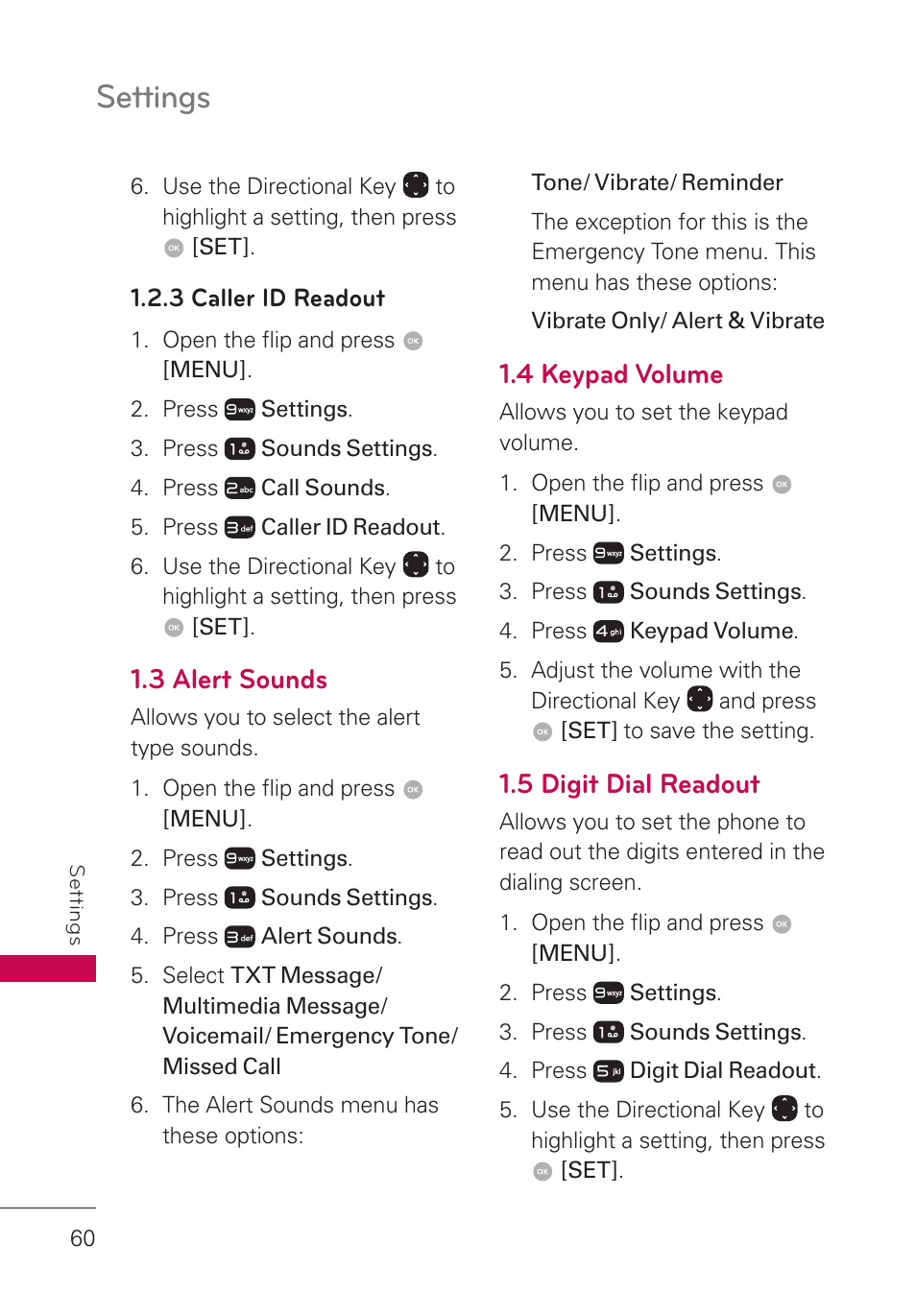 3 caller id readout, 3 alert sounds, 4 keypad volume | 5 digit dial readout, Settings | LG LGUN530 User Manual | Page 62 / 115