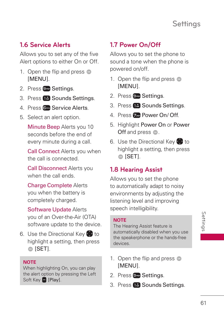 6 service alerts, 7 power on/off, 8 hearing assist | Settings | LG LGUN530 User Manual | Page 63 / 115