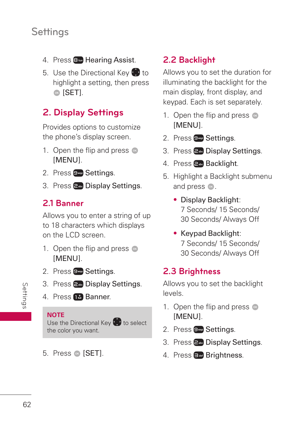 Display settings, 1 banner, 2 backlight | 3 brightness, Settings | LG LGUN530 User Manual | Page 64 / 115