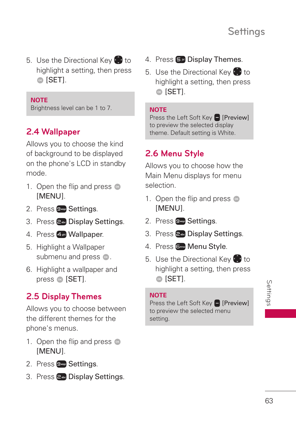 4 wallpaper, 5 display themes, 6 menu style | Settings | LG LGUN530 User Manual | Page 65 / 115