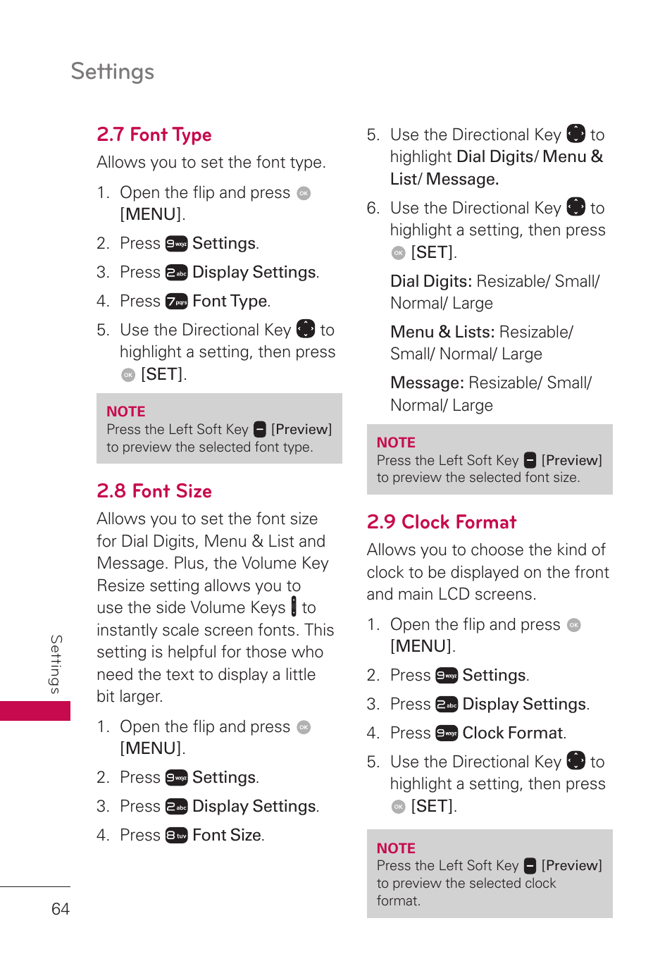 7 font type, 8 font size, 9 clock format | Settings | LG LGUN530 User Manual | Page 66 / 115