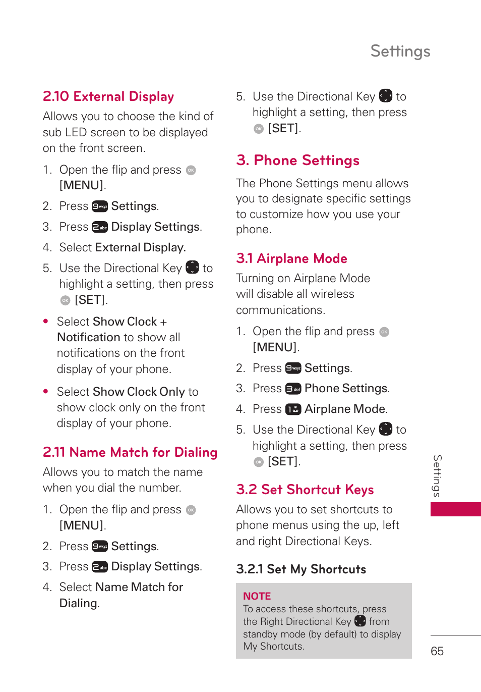 10 external display, 11 name match for dialing, Phone settings | 1 airplane mode, 2 set shortcut keys, 1 set my shortcuts, Settings | LG LGUN530 User Manual | Page 67 / 115