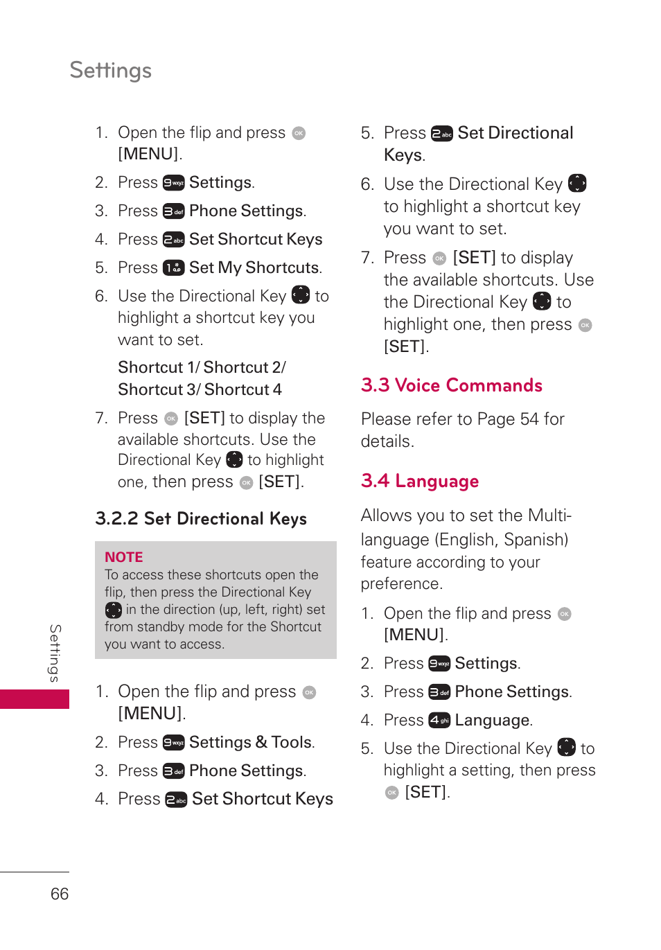 2 set directional keys, 3 voice commands, 4 language | Settings | LG LGUN530 User Manual | Page 68 / 115