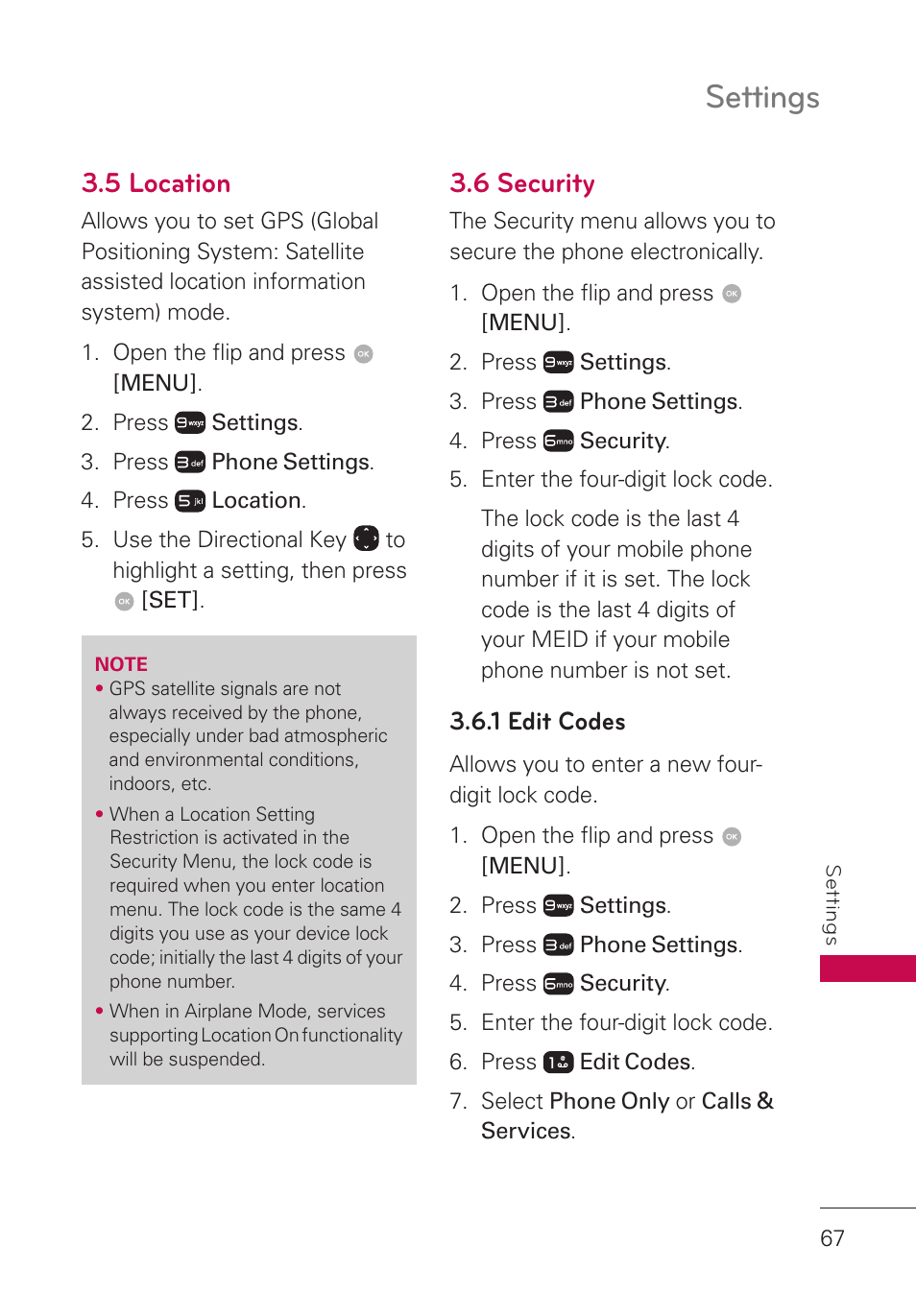 5 location, 6 security, 1 edit codes | Settings | LG LGUN530 User Manual | Page 69 / 115