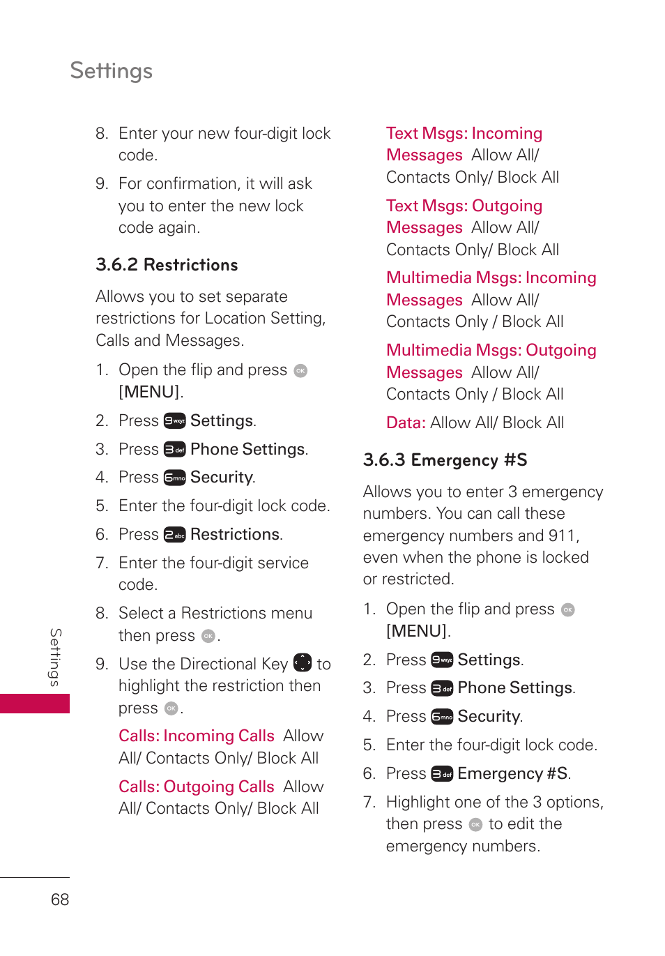 2 restrictions, 3 emergency #s, Settings | LG LGUN530 User Manual | Page 70 / 115