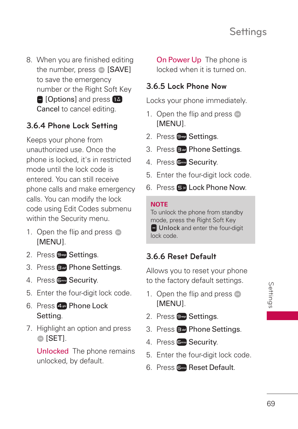 4 phone lock setting, 5 lock phone now, 6 reset default | Settings | LG LGUN530 User Manual | Page 71 / 115