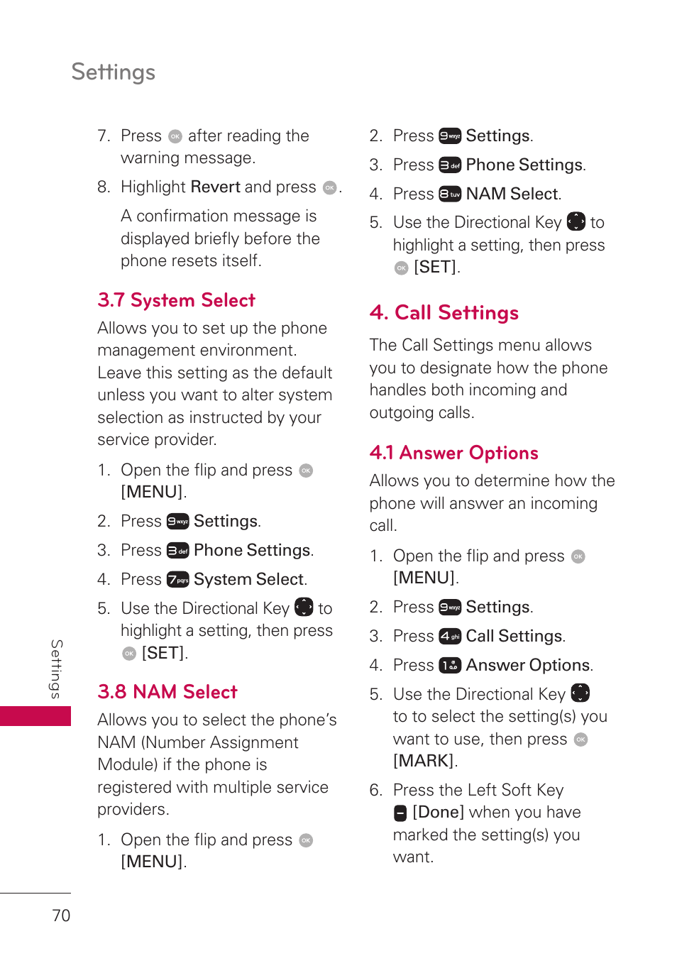 7 system select, 8 nam select, Call settings | 1 answer options, Settings | LG LGUN530 User Manual | Page 72 / 115