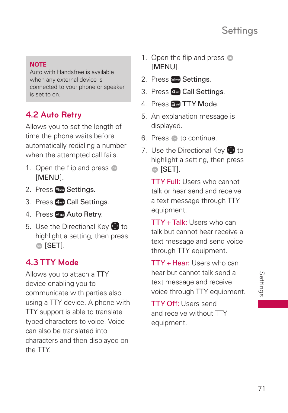 2 auto retry, 3 tty mode, Settings | LG LGUN530 User Manual | Page 73 / 115