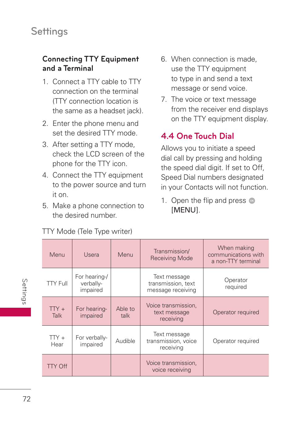 Connecting tty equipment and a terminal, 4 one touch dial, Connecting tty equipment and a | Terminal, Settings | LG LGUN530 User Manual | Page 74 / 115