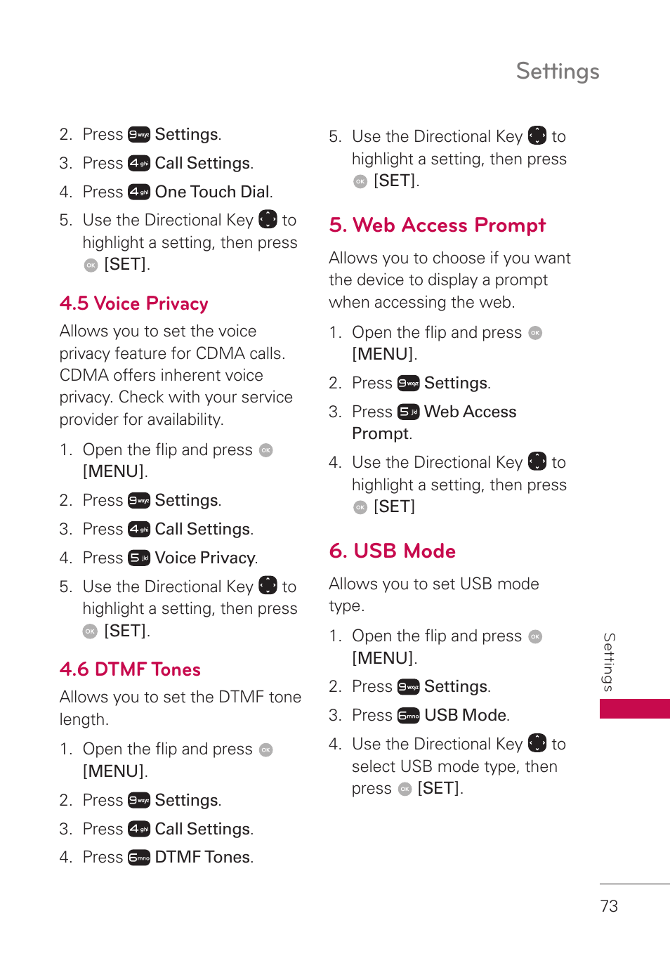 5 voice privacy, 6 dtmf tones, Web access prompt | Usb mode, Settings | LG LGUN530 User Manual | Page 75 / 115