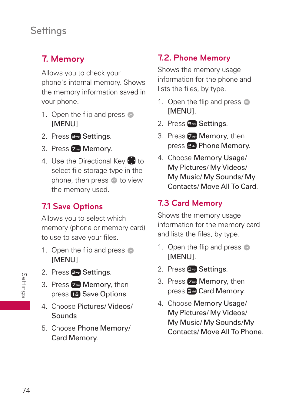 Memory, 1 save options, Phone memory | 3 card memory, Settings | LG LGUN530 User Manual | Page 76 / 115