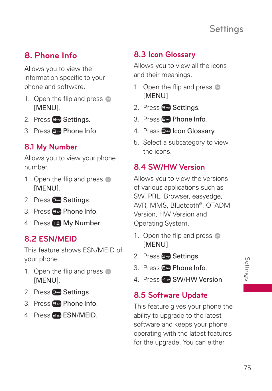 Phone info, 1 my number, 2 esn/meid | 3 icon glossary, 4 sw/hw version, 5 software update, Settings | LG LGUN530 User Manual | Page 77 / 115