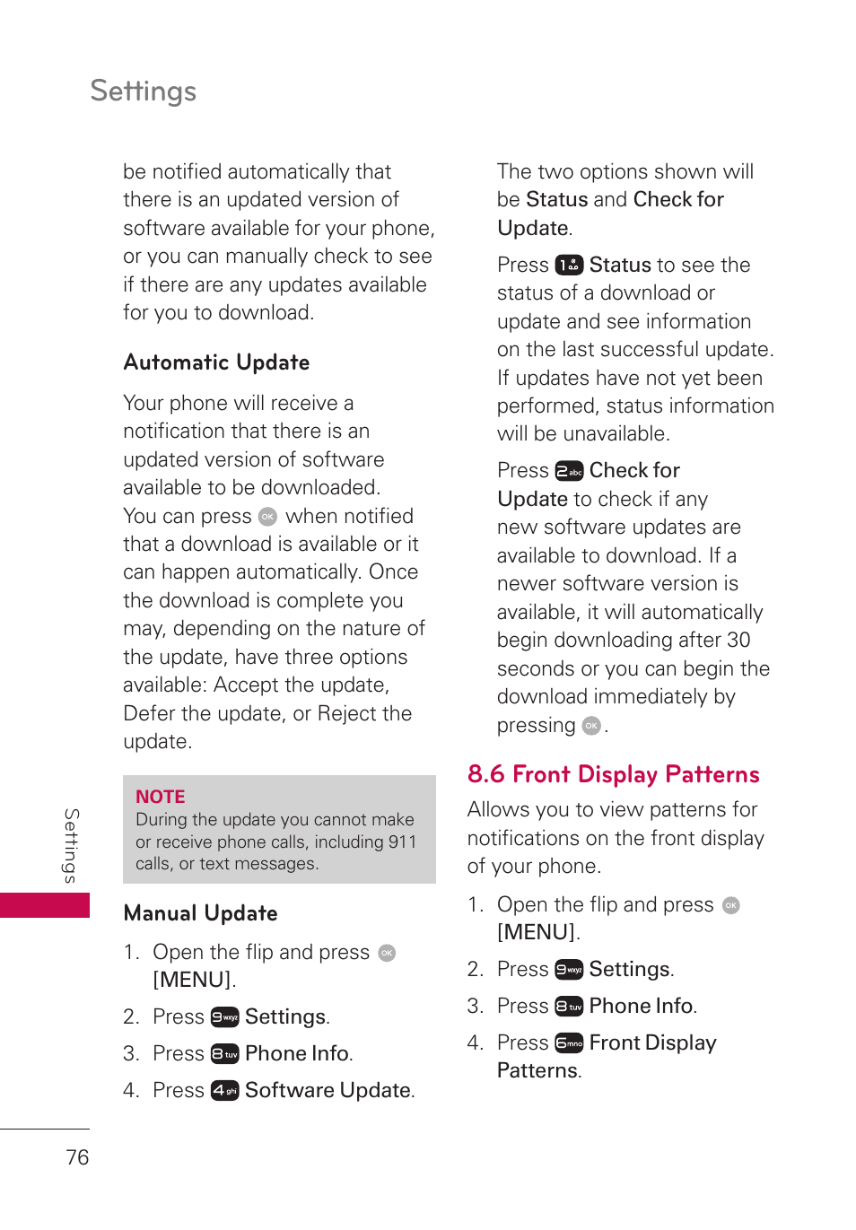 6 front display patterns, Settings | LG LGUN530 User Manual | Page 78 / 115