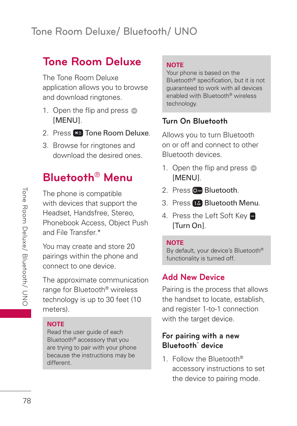 Tone room deluxe, Bluetooth® menu, Turn on bluetooth | Add new device, For pairing with a new bluetooth® device, Bluetooth, Menu, For pairing with a new bluetooth, Device, Tone room deluxe/ bluetooth/ uno | LG LGUN530 User Manual | Page 80 / 115