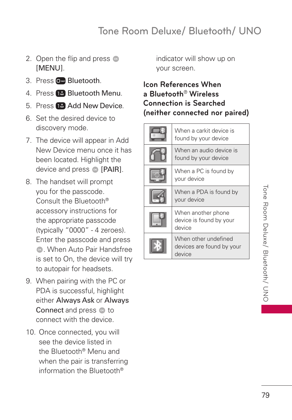 Icon references when a bluetooth, Wireless connection is searched, Neither connected nor paired) | Tone room deluxe/ bluetooth/ uno | LG LGUN530 User Manual | Page 81 / 115