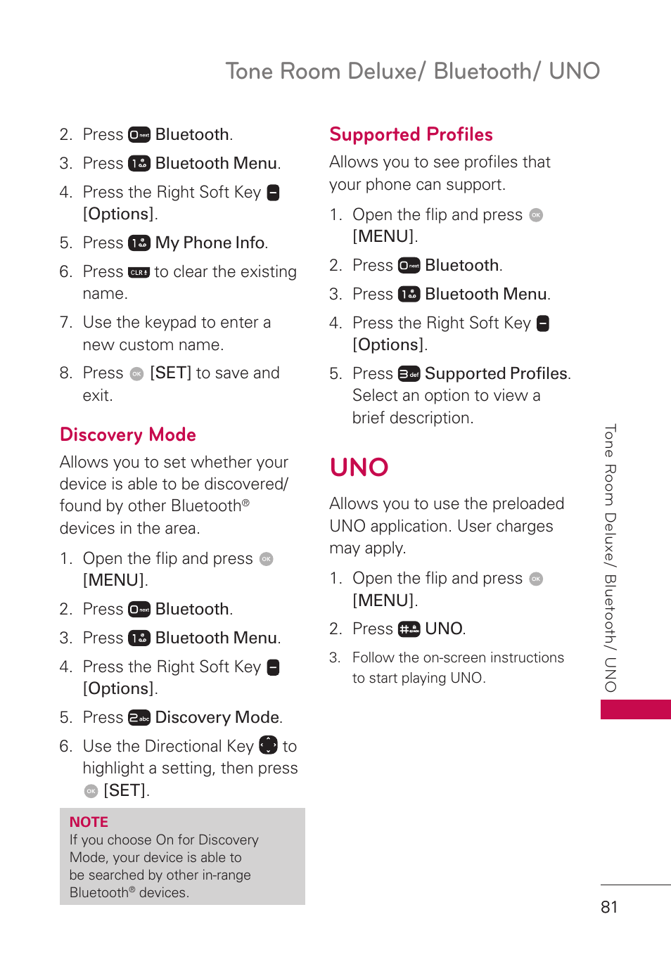 Discovery mode, Supported profiles, Supported proﬁles | Uno 81, Tone room deluxe/ bluetooth/ uno | LG LGUN530 User Manual | Page 83 / 115