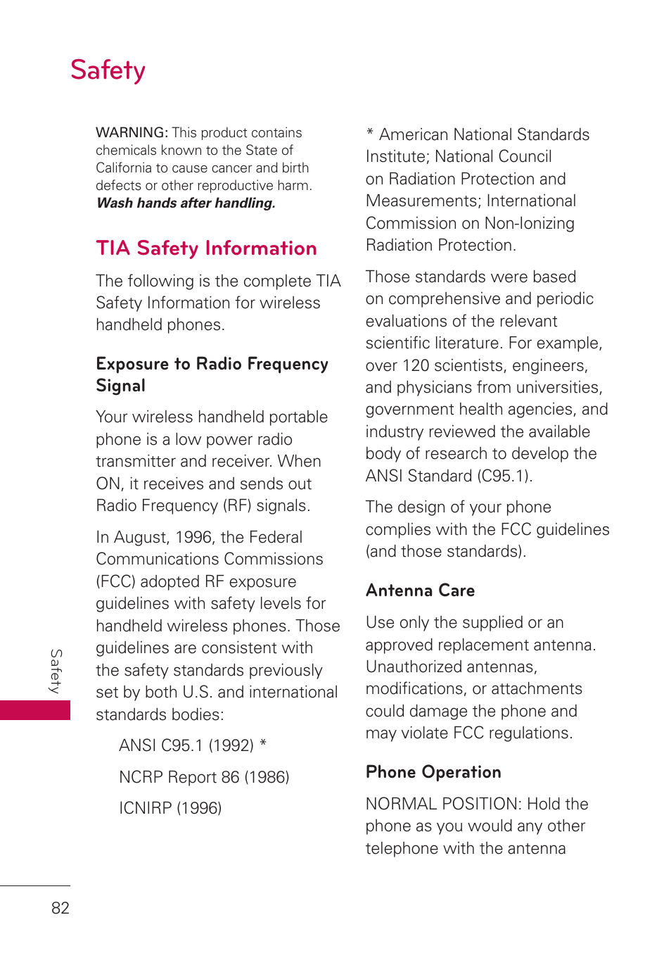 Safety, Tia safety information, Exposure to radio frequency signal | Antenna care, Phone operation, Safety 82, Exposure to radio frequency, Signal | LG LGUN530 User Manual | Page 84 / 115