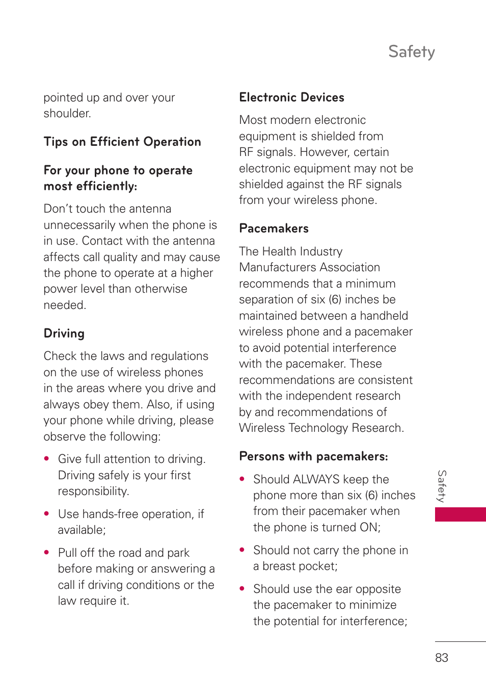 Tips on efficient operation, For your phone to operate most efficiently, Driving | Electronic devices, Pacemakers, Persons with pacemakers, Tips on efﬁcient operation, For your phone to operate most, Efﬁciently, Safety | LG LGUN530 User Manual | Page 85 / 115