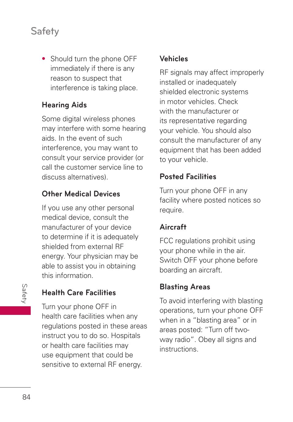 Hearing aids, Other medical devices, Health care facilities | Vehicles, Posted facilities, Aircraft, Blasting areas, Safety | LG LGUN530 User Manual | Page 86 / 115