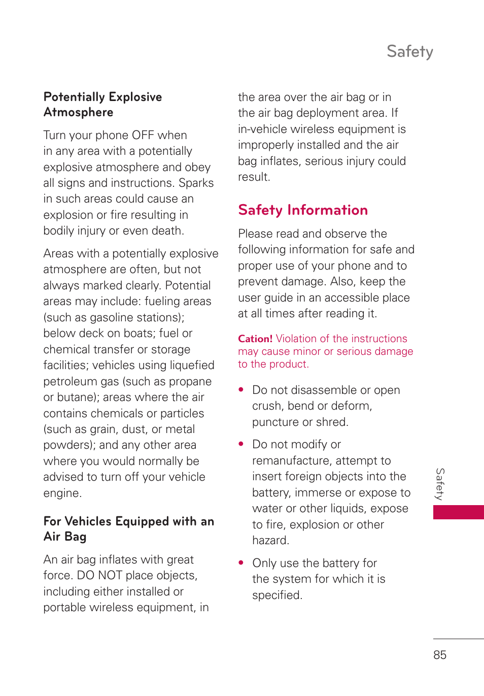 Potentially explosive atmosphere, For vehicles equipped with an air bag, Safety information | For vehicles equipped with, An air bag, Safety | LG LGUN530 User Manual | Page 87 / 115