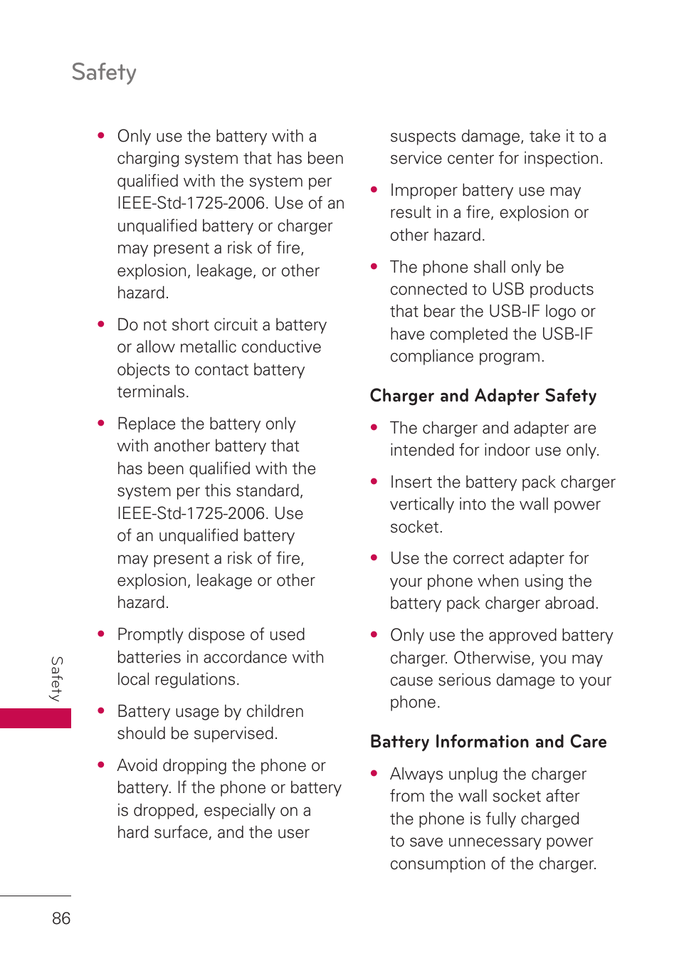 Charger and adapter safety, Battery information and care, Safety | LG LGUN530 User Manual | Page 88 / 115