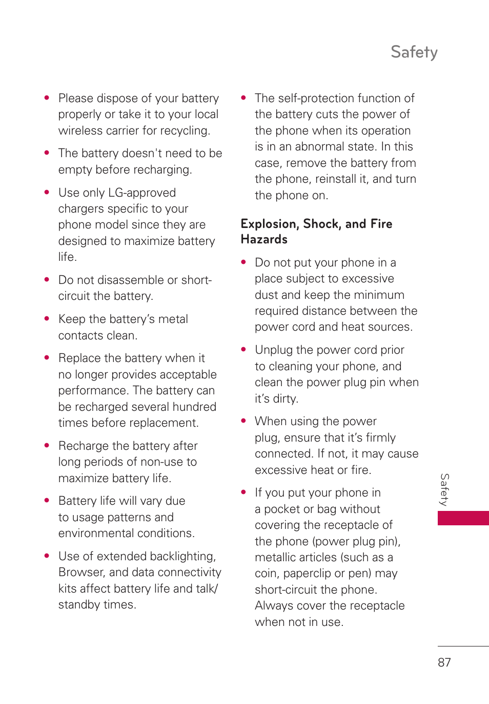 Explosion, shock, and fire hazards, Explosion, shock, and, Fire hazards | Safety | LG LGUN530 User Manual | Page 89 / 115